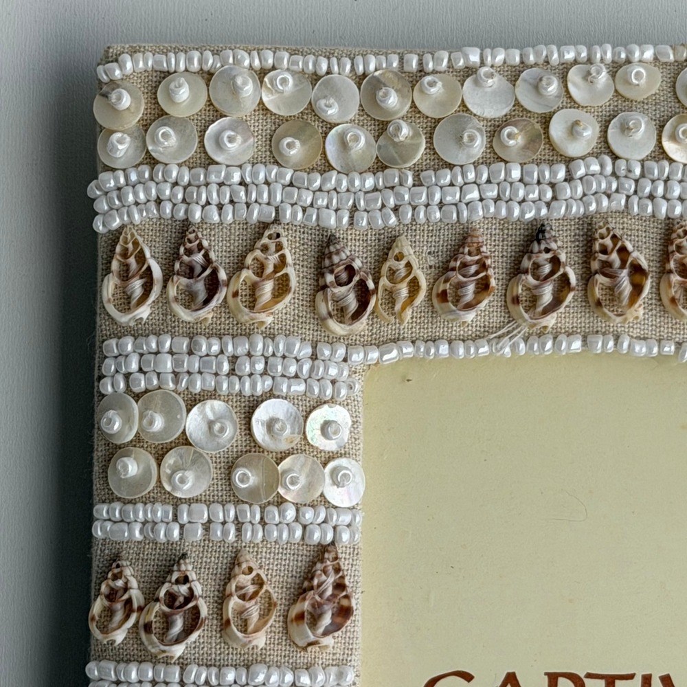 Vintage Captiva Photo Frame‎ 4x6 Cream Boho Chic Whimsy Shell Beaded Linen Beach